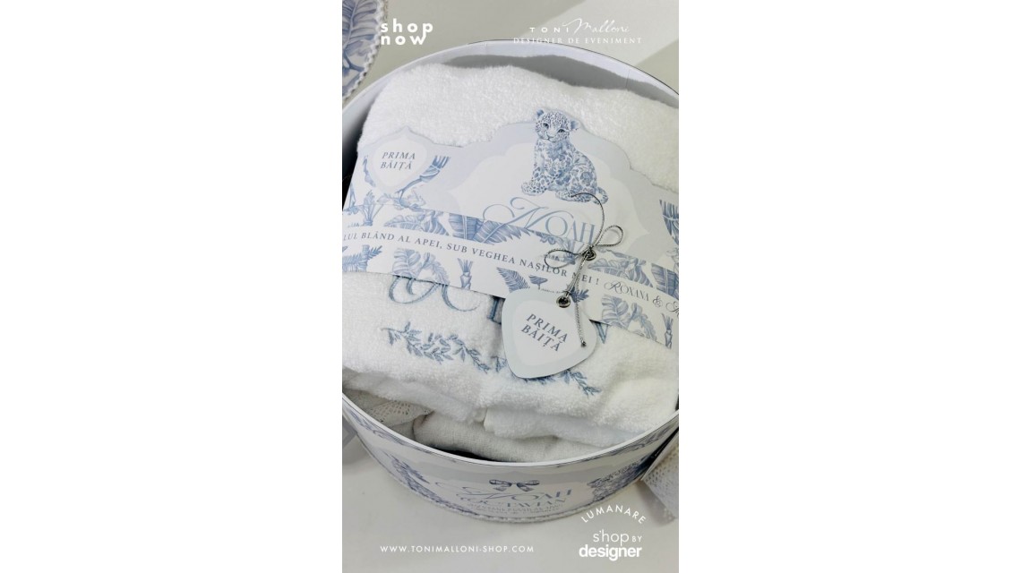 Set prima băiță Safari Blue personalizat băiat ritual după botez cu nașii 14